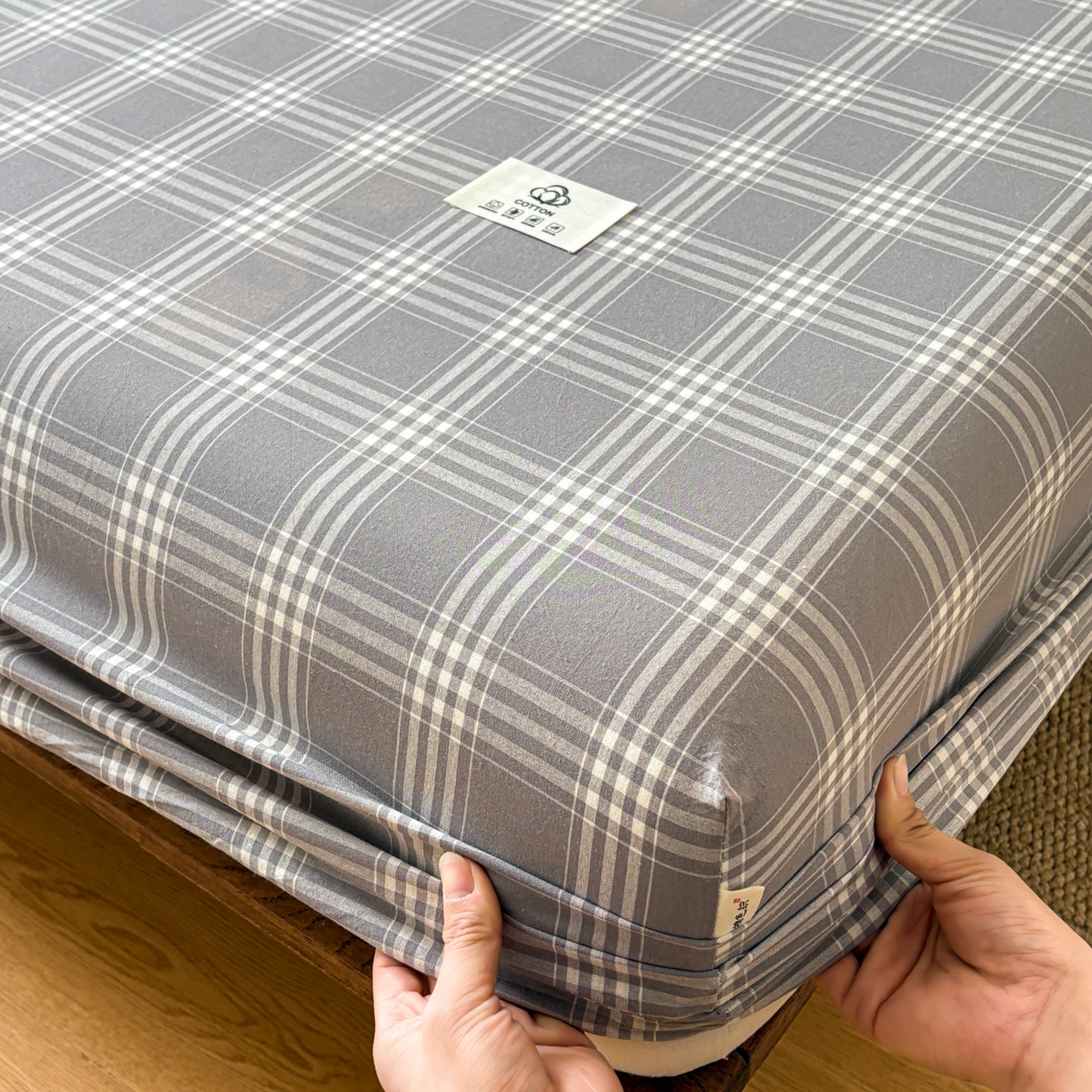 91家纺网 家纺一手货源 找家纺 居眠 2026新款单层色织水洗格子全棉床笠 单层款-马丁灰