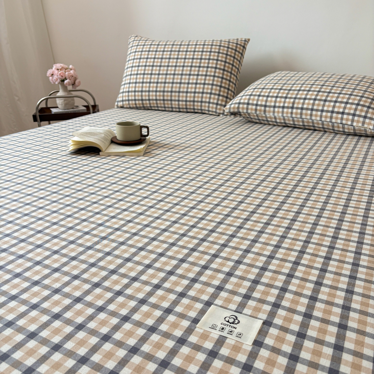 91家纺网 家纺一手货源 找家纺 居眠 2026新款单层色织水洗格子全棉床笠 单层款-印月灰