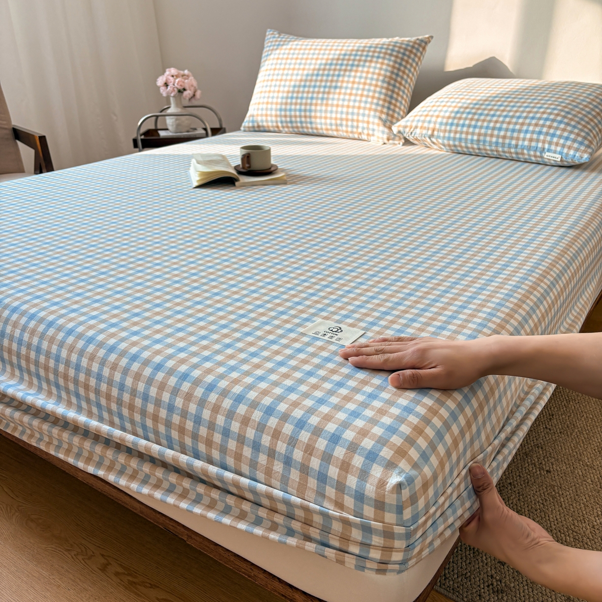 居眠 2026新款单层色织水洗格子全棉床笠 单层款-印月兰