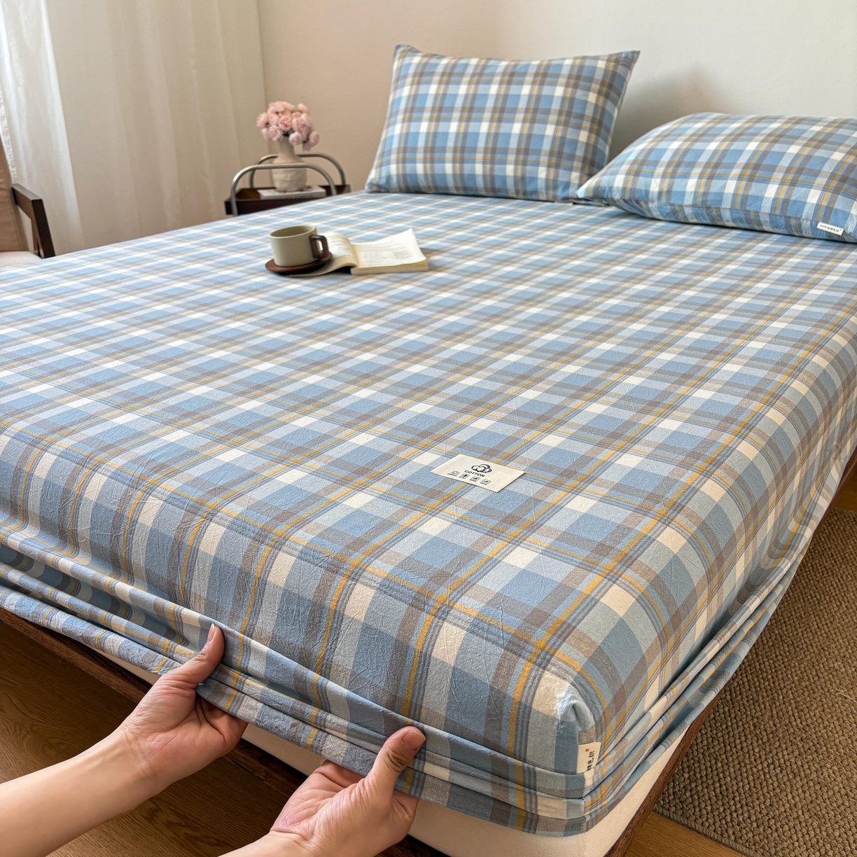 91家纺网 家纺一手货源 找家纺 居眠 2026新款单层色织水洗格子全棉床笠 单层款-简兮兰