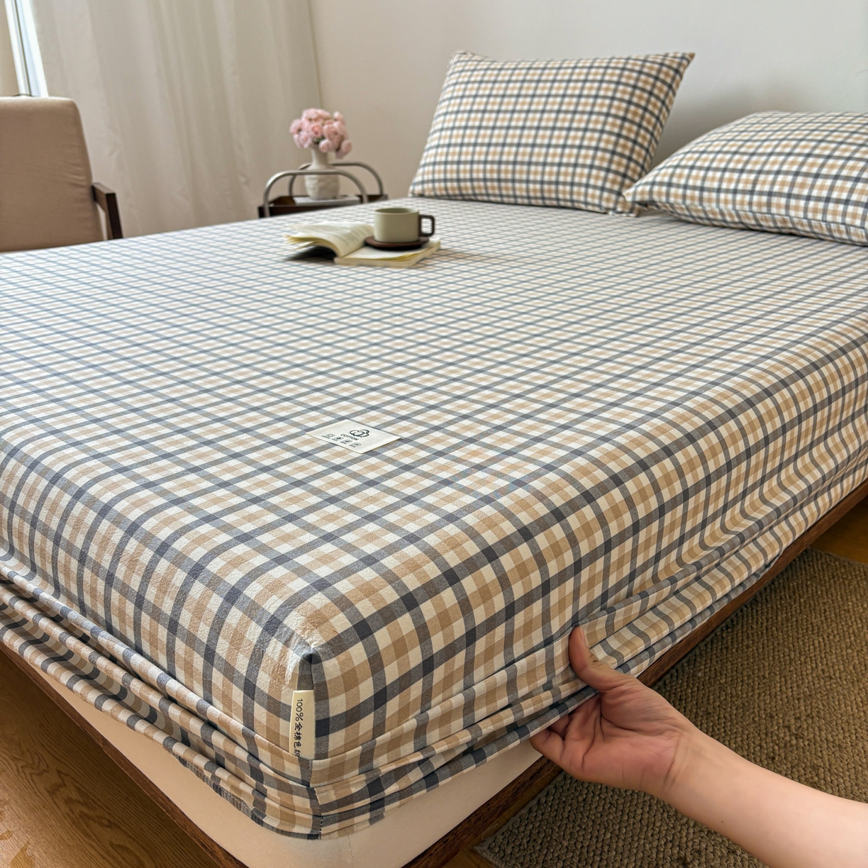 91家纺网 家纺一手货源 找家纺 居眠 2026新款单层色织水洗格子全棉床笠 单层款-印月灰