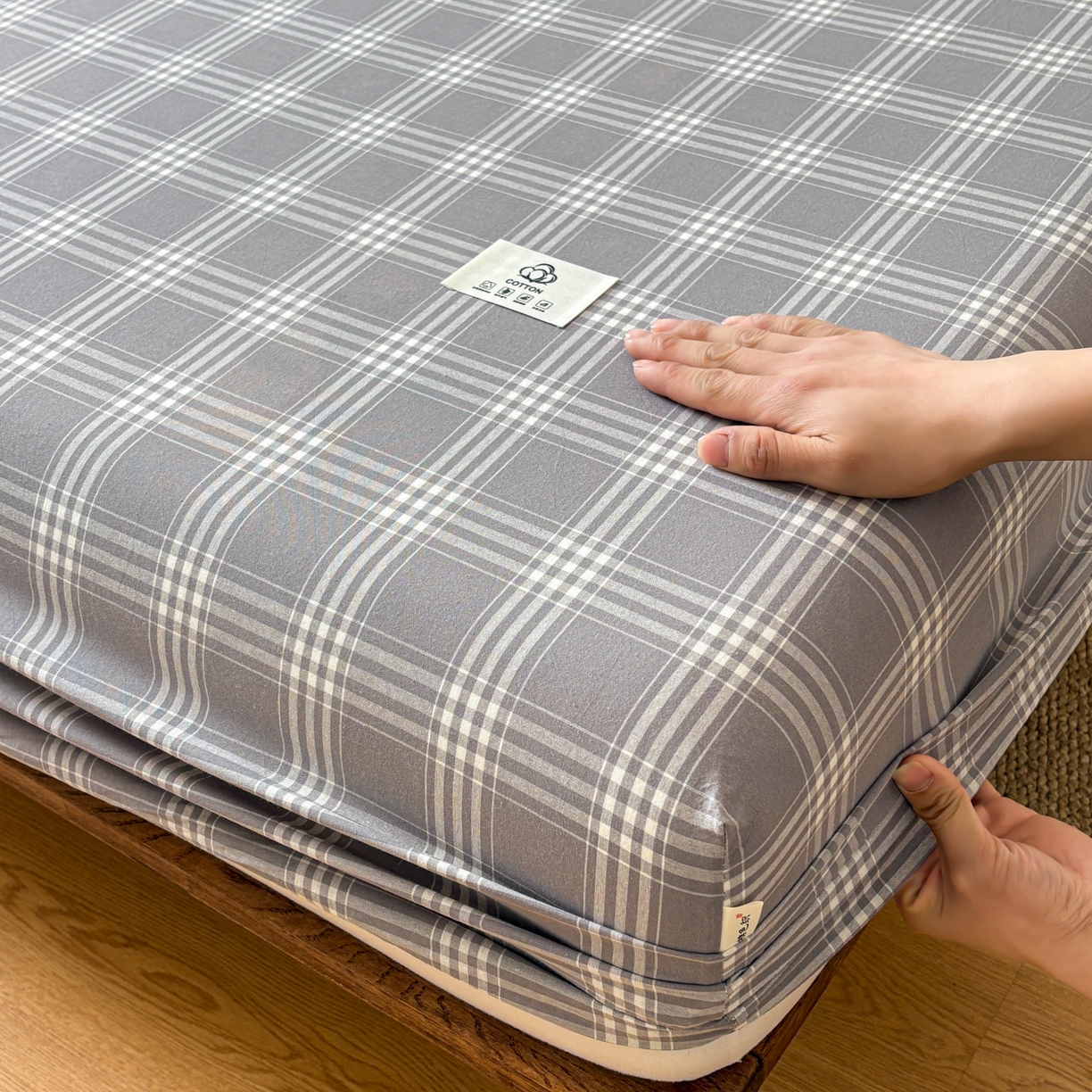 91家纺网 家纺一手货源 找家纺 居眠 2026新款单层色织水洗格子全棉床笠 单层款-马丁灰