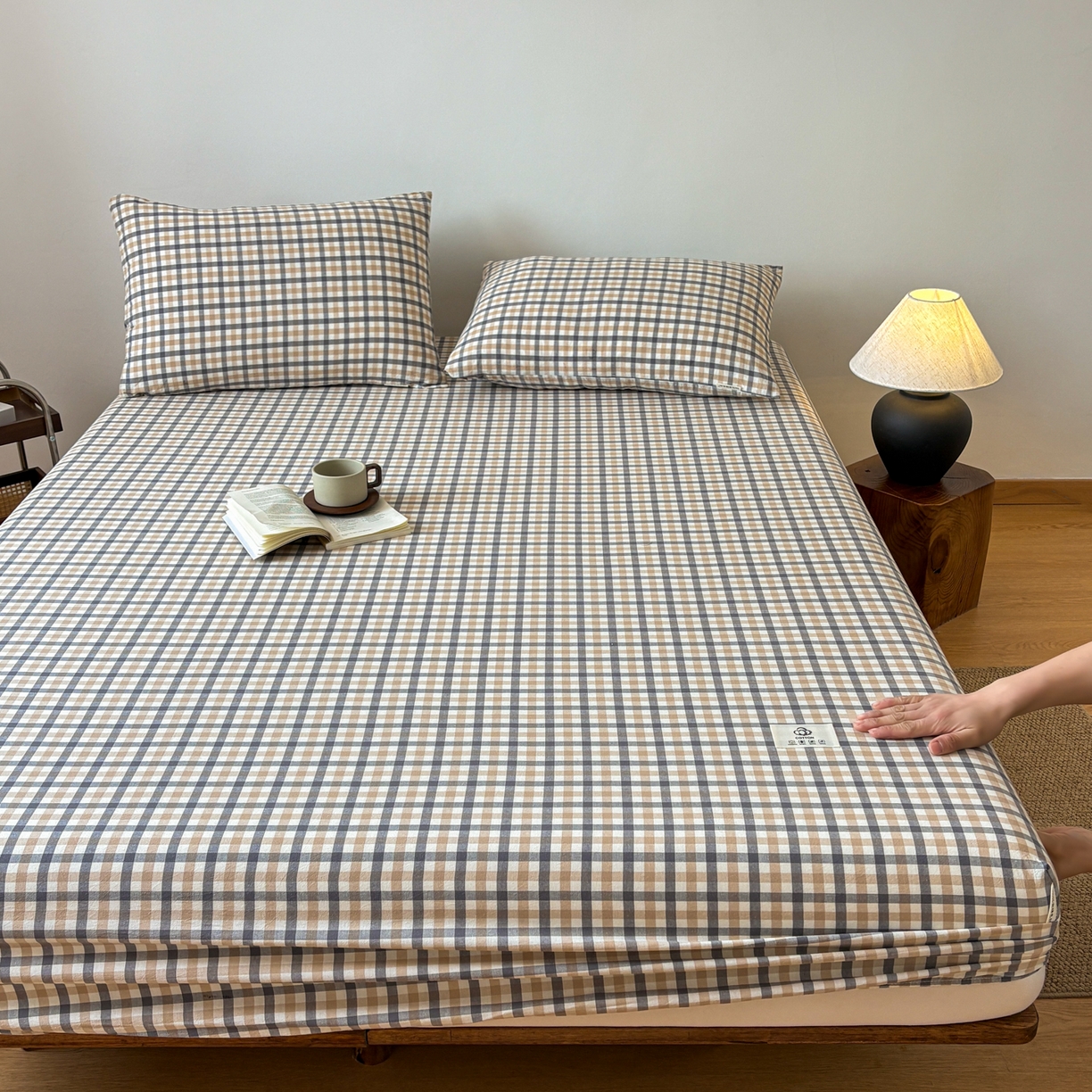 91家纺网 家纺一手货源 找家纺 居眠 2026新款单层色织水洗格子全棉床笠 单层款-印月灰