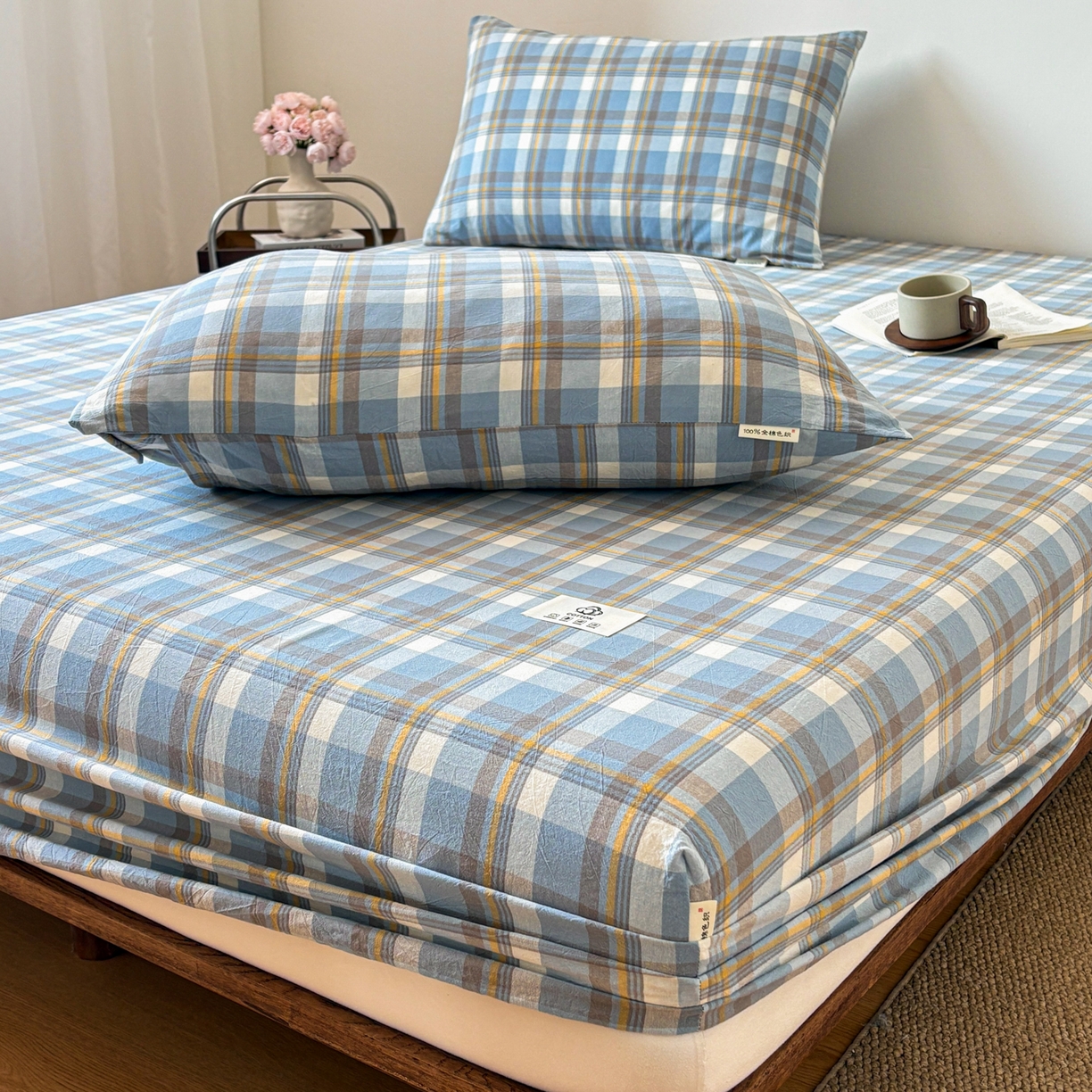 91家纺网 家纺一手货源 找家纺 居眠 2026新款单层色织水洗格子全棉床笠 单层款-简兮兰