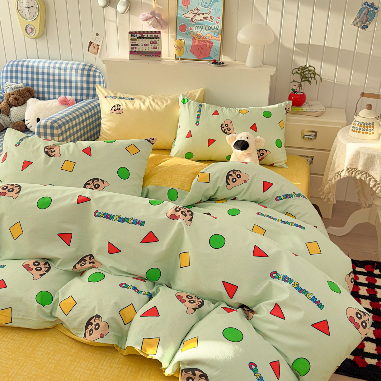 91家纺网 家纺一手货源 找家纺 桃子家居 2026新款A类蜡笔小新正版授权刺绣混搭枕套卡通印花系列四件套 棉蜡笔小新-快乐小新