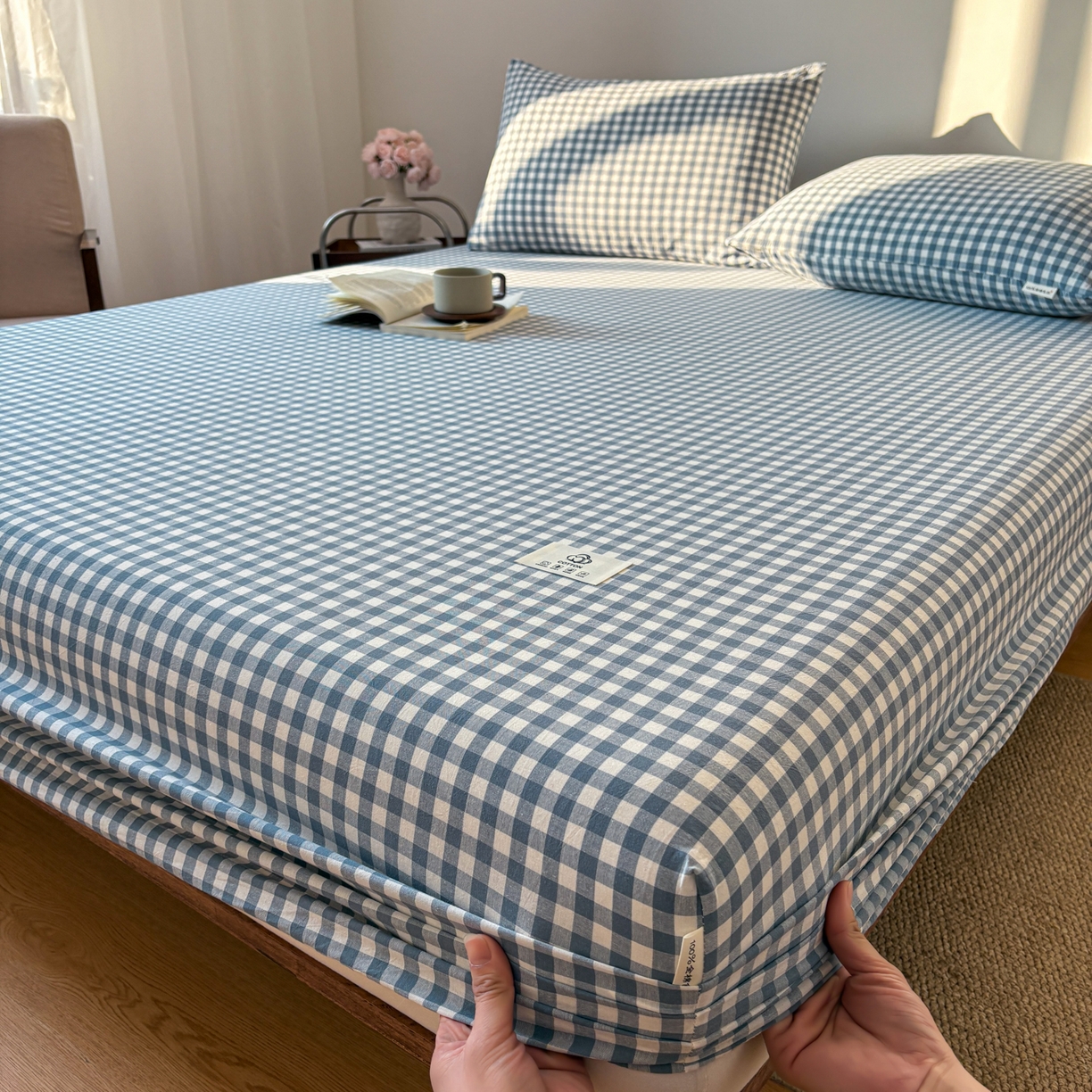 91家纺网 家纺一手货源 找家纺 居眠 2026新款单层色织水洗格子全棉床笠 单层款-水兰小格