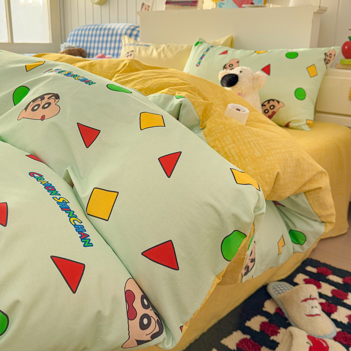 91家纺网 家纺一手货源 找家纺 桃子家居 2026新款A类蜡笔小新正版授权刺绣混搭枕套卡通印花系列四件套 棉蜡笔小新-快乐小新