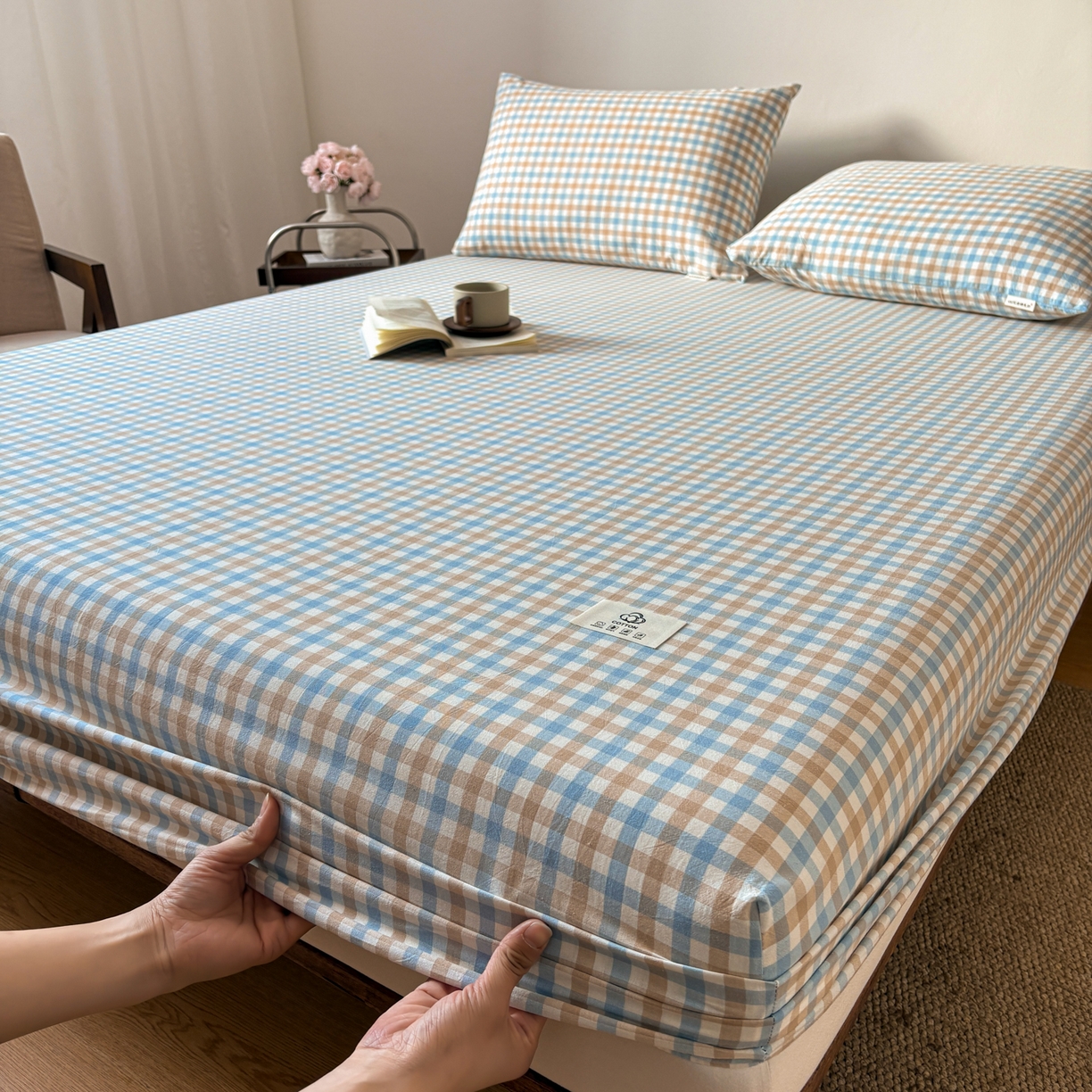 91家纺网 家纺一手货源 找家纺 居眠 2026新款单层色织水洗格子全棉床笠 单层款-印月兰