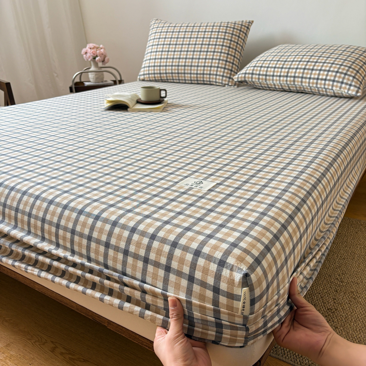 91家纺网 家纺一手货源 找家纺 居眠 2026新款单层色织水洗格子全棉床笠 单层款-印月灰