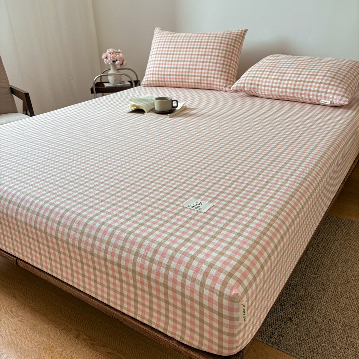 91家纺网 家纺一手货源 找家纺 居眠 2026新款单层色织水洗格子全棉床笠 单层款-印月粉