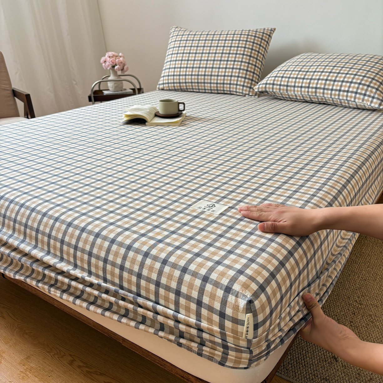 居眠 2026新款单层色织水洗格子全棉床笠 单层款-印月灰