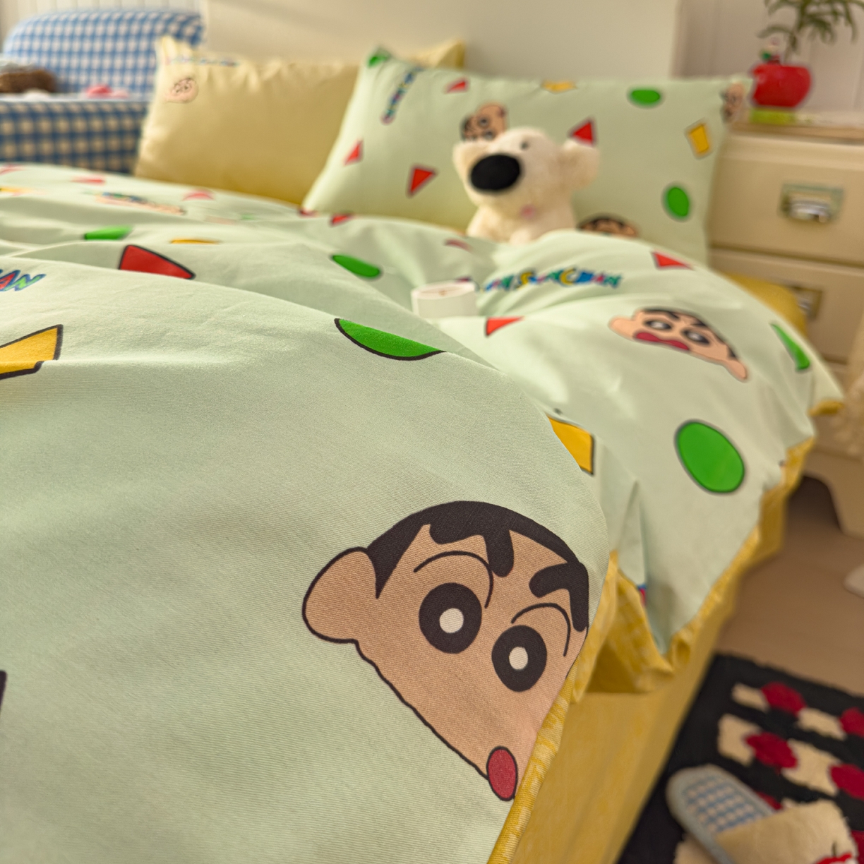 91家纺网 家纺一手货源 找家纺 桃子家居 2026新款A类蜡笔小新正版授权刺绣混搭枕套卡通印花系列四件套 棉蜡笔小新-快乐小新