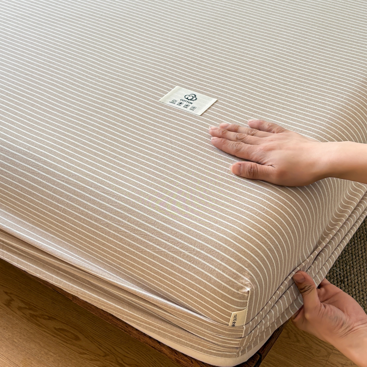 91家纺网 家纺一手货源 找家纺 居眠 2026新款单层色织水洗格子全棉床笠 单层款-米细条