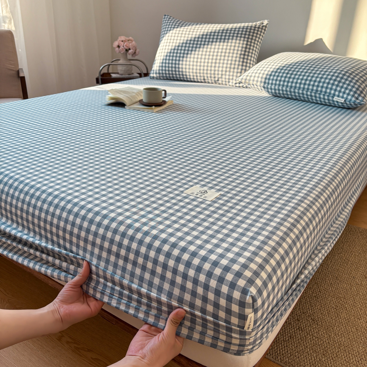 91家纺网 家纺一手货源 找家纺 居眠 2026新款单层色织水洗格子全棉床笠 单层款-水兰小格