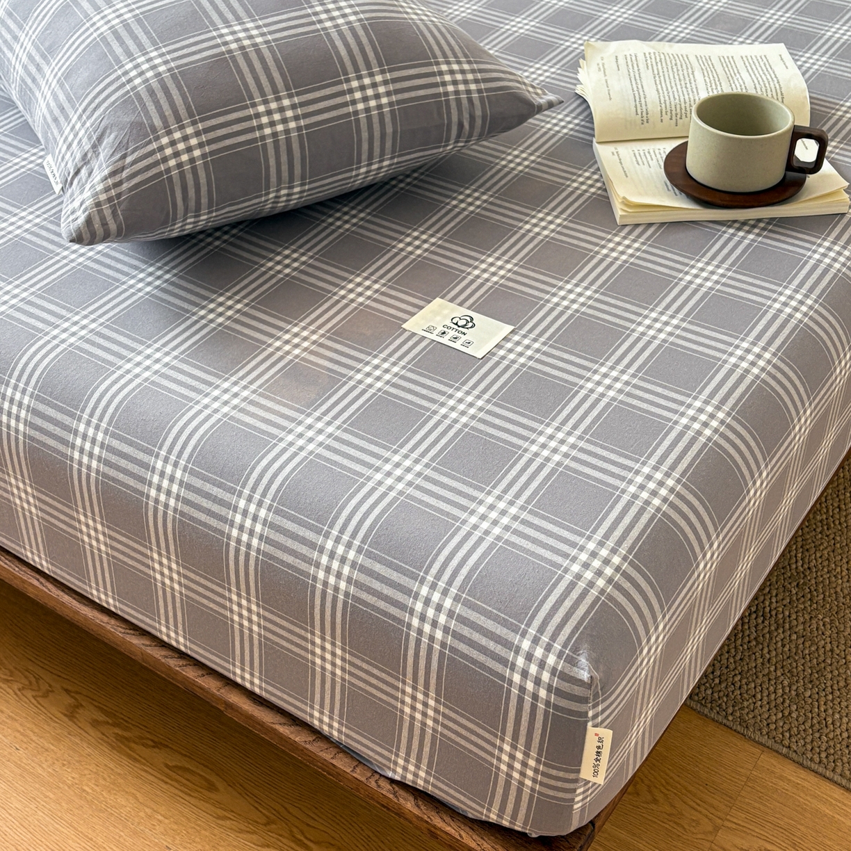 91家纺网 家纺一手货源 找家纺 居眠 2026新款单层色织水洗格子全棉床笠 单层款-马丁灰