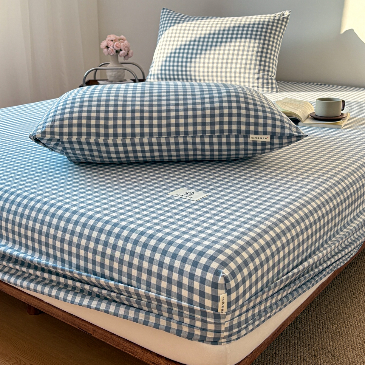 91家纺网 家纺一手货源 找家纺 居眠 2026新款单层色织水洗格子全棉床笠 单层款-水兰小格