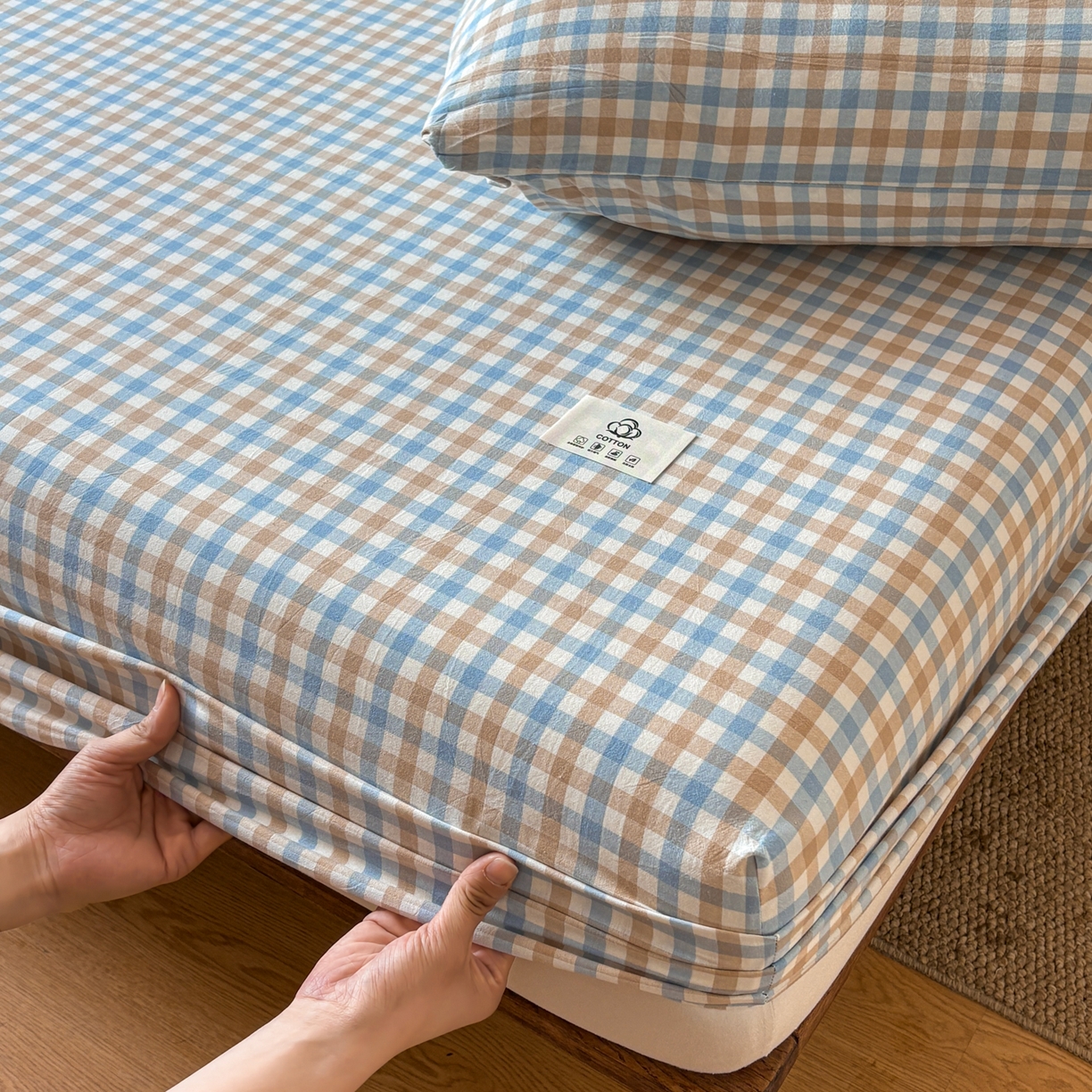 91家纺网 家纺一手货源 找家纺 居眠 2026新款单层色织水洗格子全棉床笠 单层款-印月兰