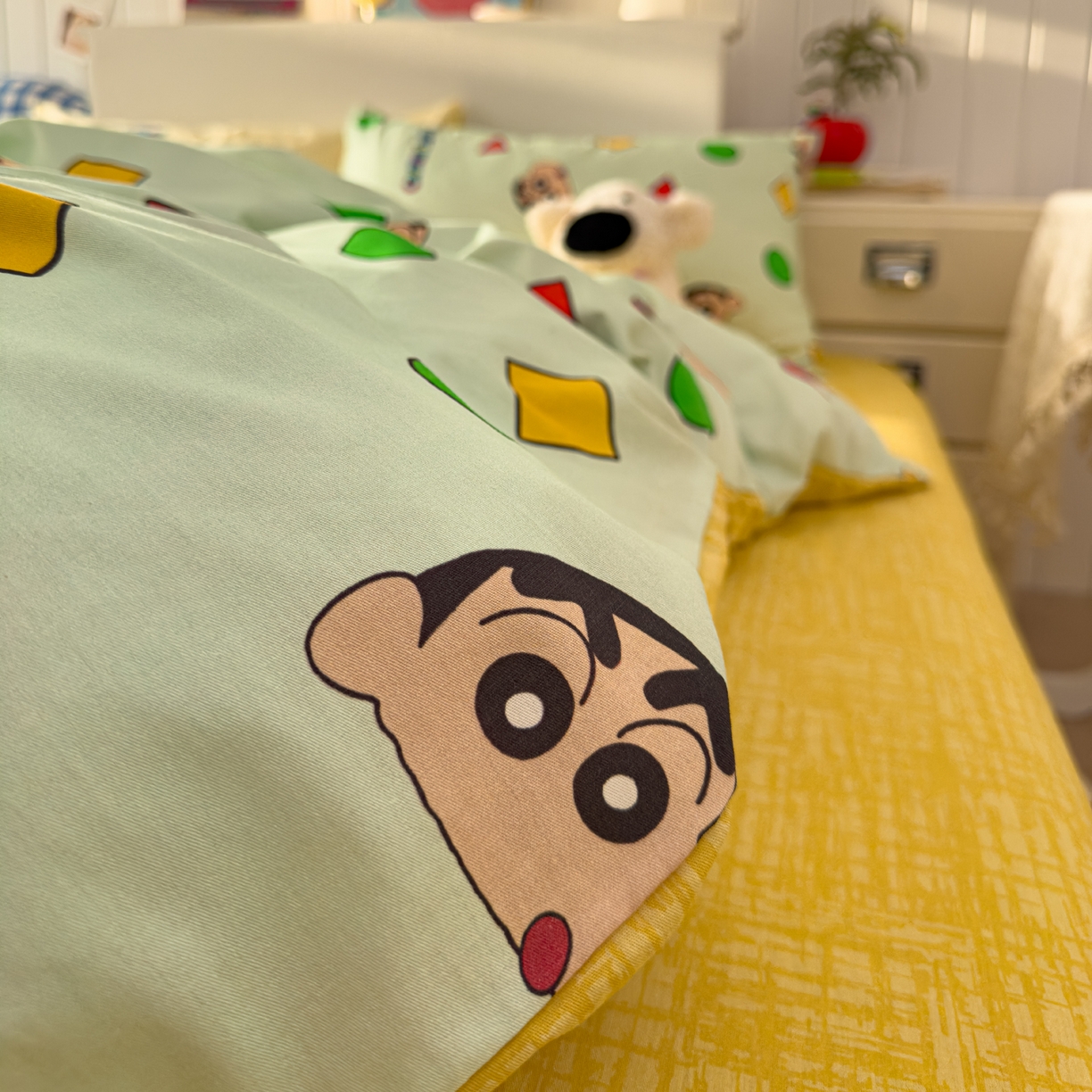 91家纺网 家纺一手货源 找家纺 桃子家居 2026新款A类蜡笔小新正版授权刺绣混搭枕套卡通印花系列四件套 棉蜡笔小新-快乐小新