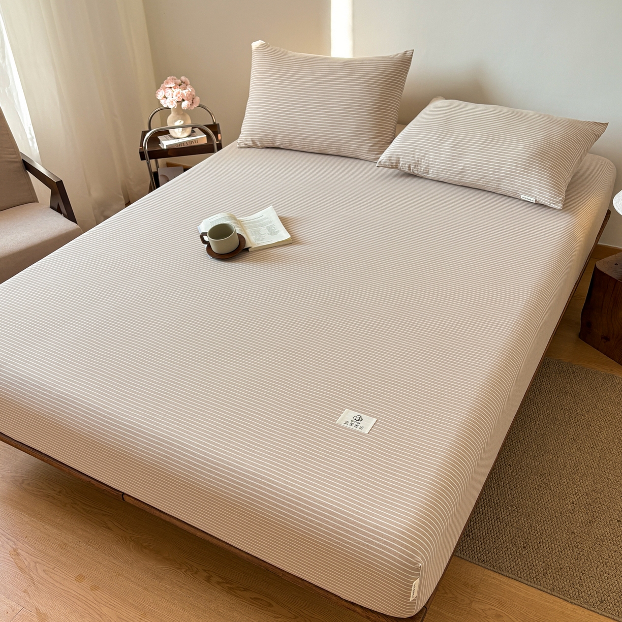 91家纺网 家纺一手货源 找家纺 居眠 2026新款单层色织水洗格子全棉床笠 单层款-米细条