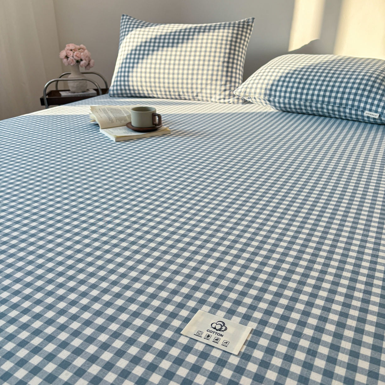 91家纺网 家纺一手货源 找家纺 居眠 2026新款单层色织水洗格子全棉床笠 单层款-水兰小格