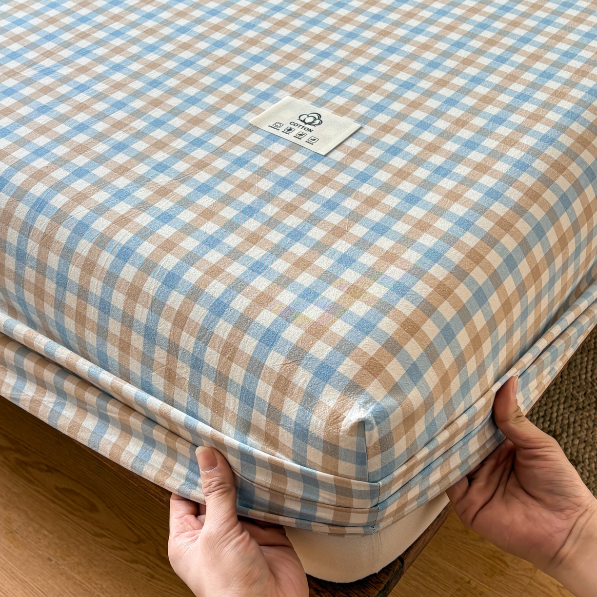 91家纺网 家纺一手货源 找家纺 居眠 2026新款单层色织水洗格子全棉床笠 单层款-印月兰