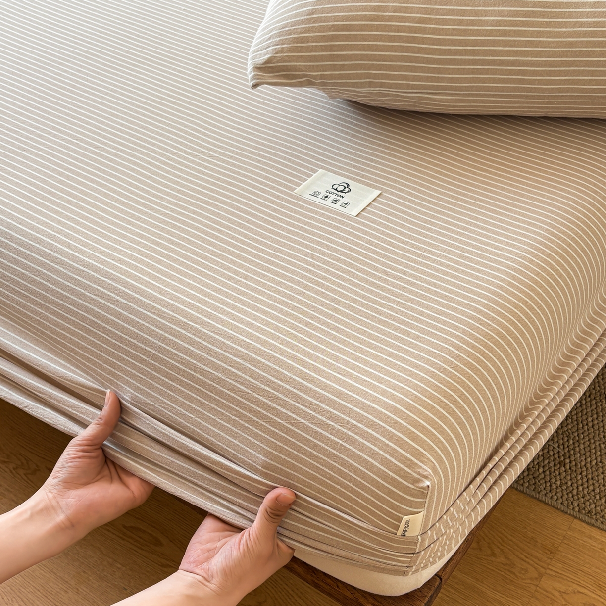 91家纺网 家纺一手货源 找家纺 居眠 2026新款单层色织水洗格子全棉床笠 单层款-米细条