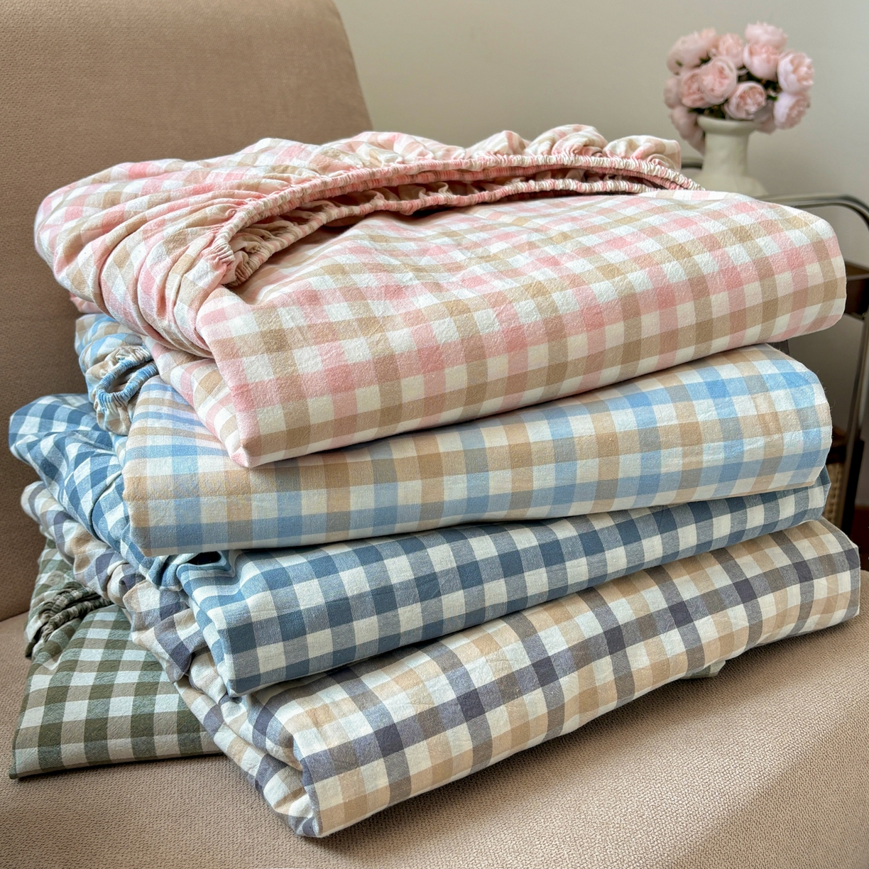 居眠 2026新款单层色织水洗格子全棉床笠 组合叠拍