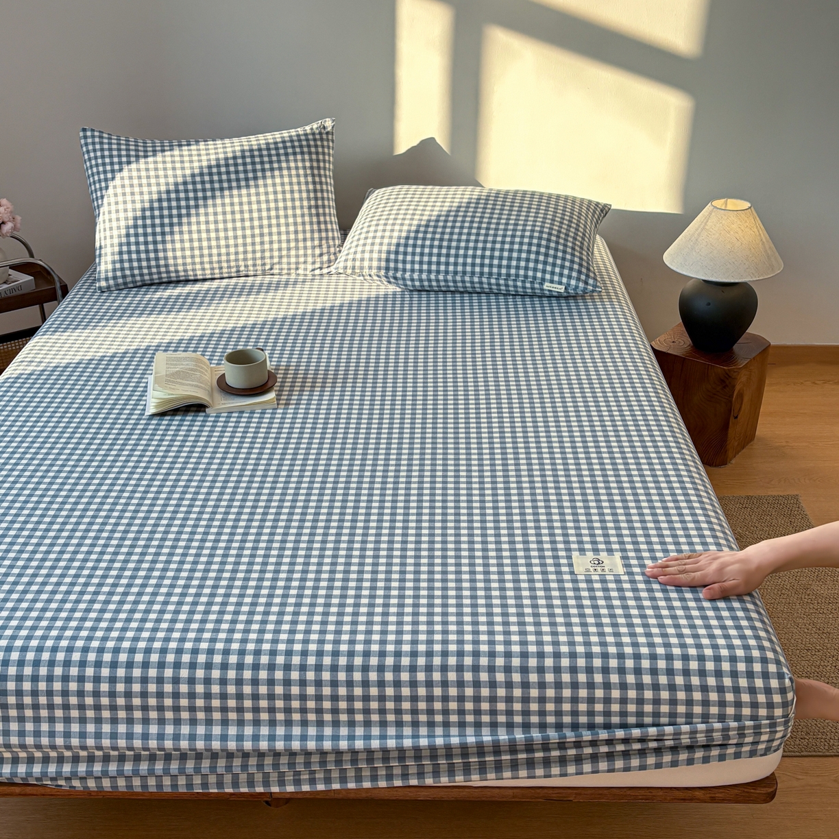 91家纺网 家纺一手货源 找家纺 居眠 2026新款单层色织水洗格子全棉床笠 单层款-水兰小格