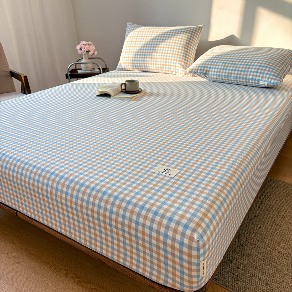 91家纺网 家纺一手货源 找家纺 居眠 2026新款单层色织水洗格子全棉床笠 单层款-印月兰