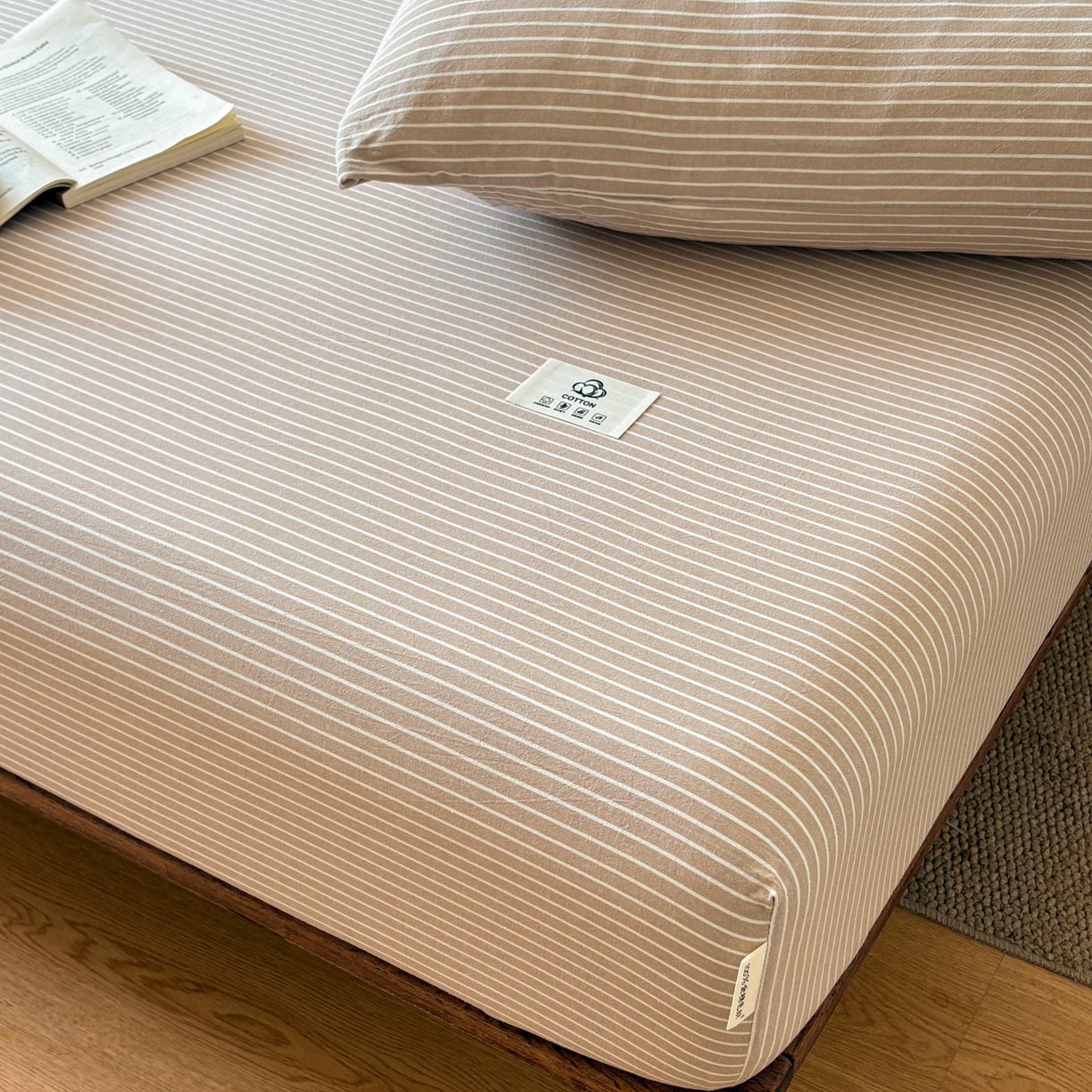 91家纺网 家纺一手货源 找家纺 居眠 2026新款单层色织水洗格子全棉床笠 单层款-米细条