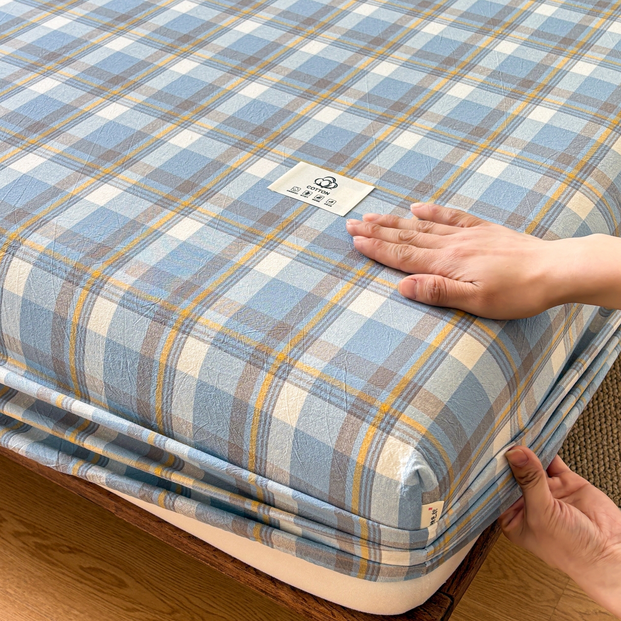 91家纺网 家纺一手货源 找家纺 居眠 2026新款单层色织水洗格子全棉床笠 单层款-简兮兰