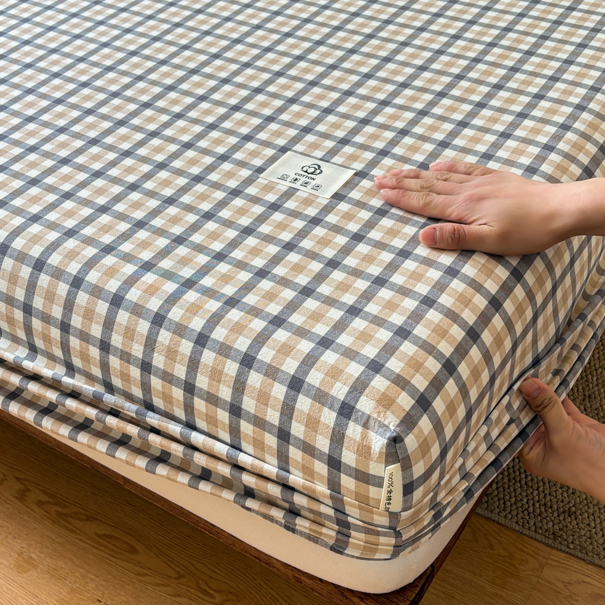 91家纺网 家纺一手货源 找家纺 居眠 2026新款单层色织水洗格子全棉床笠 单层款-印月灰