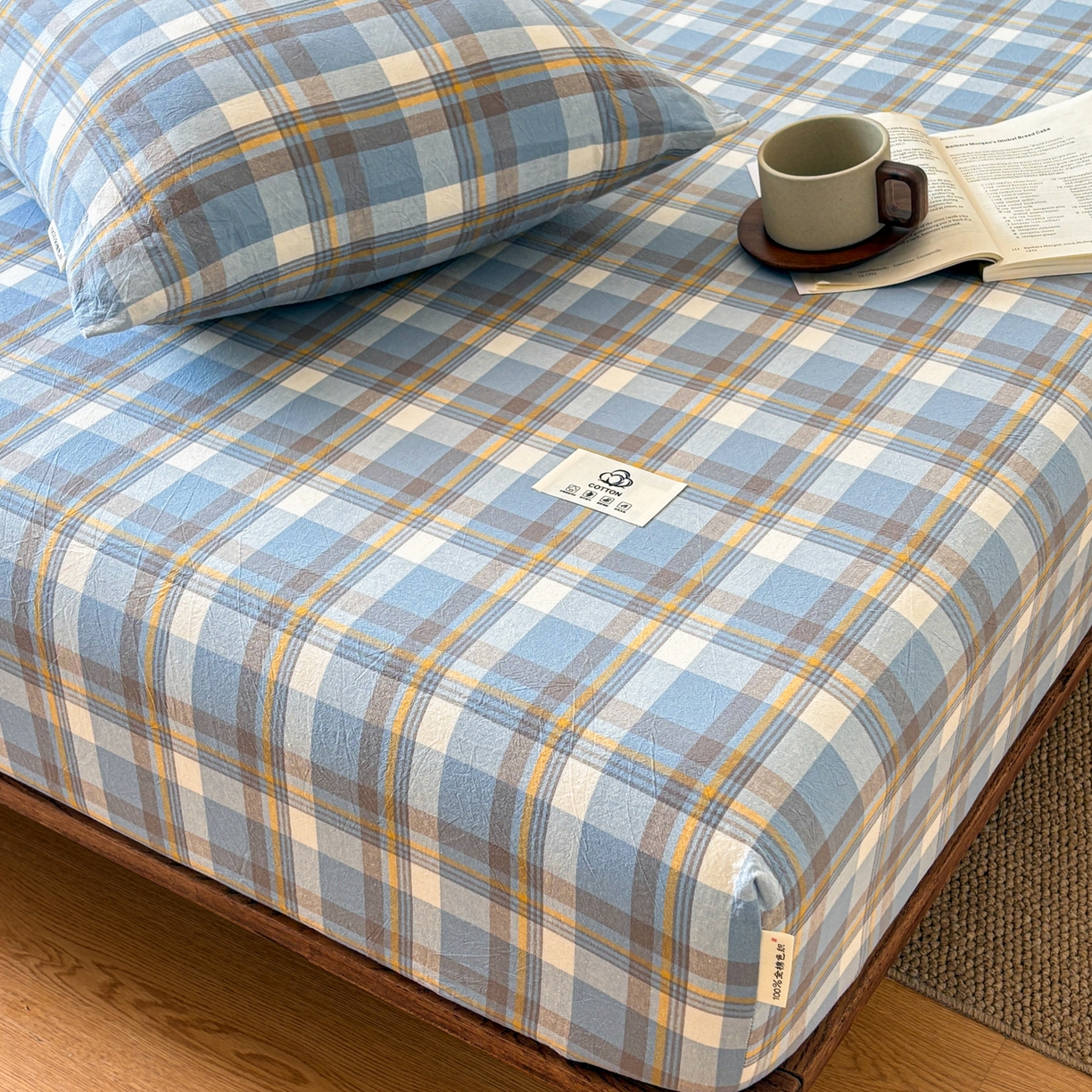 91家纺网 家纺一手货源 找家纺 居眠 2026新款单层色织水洗格子全棉床笠 单层款-简兮兰