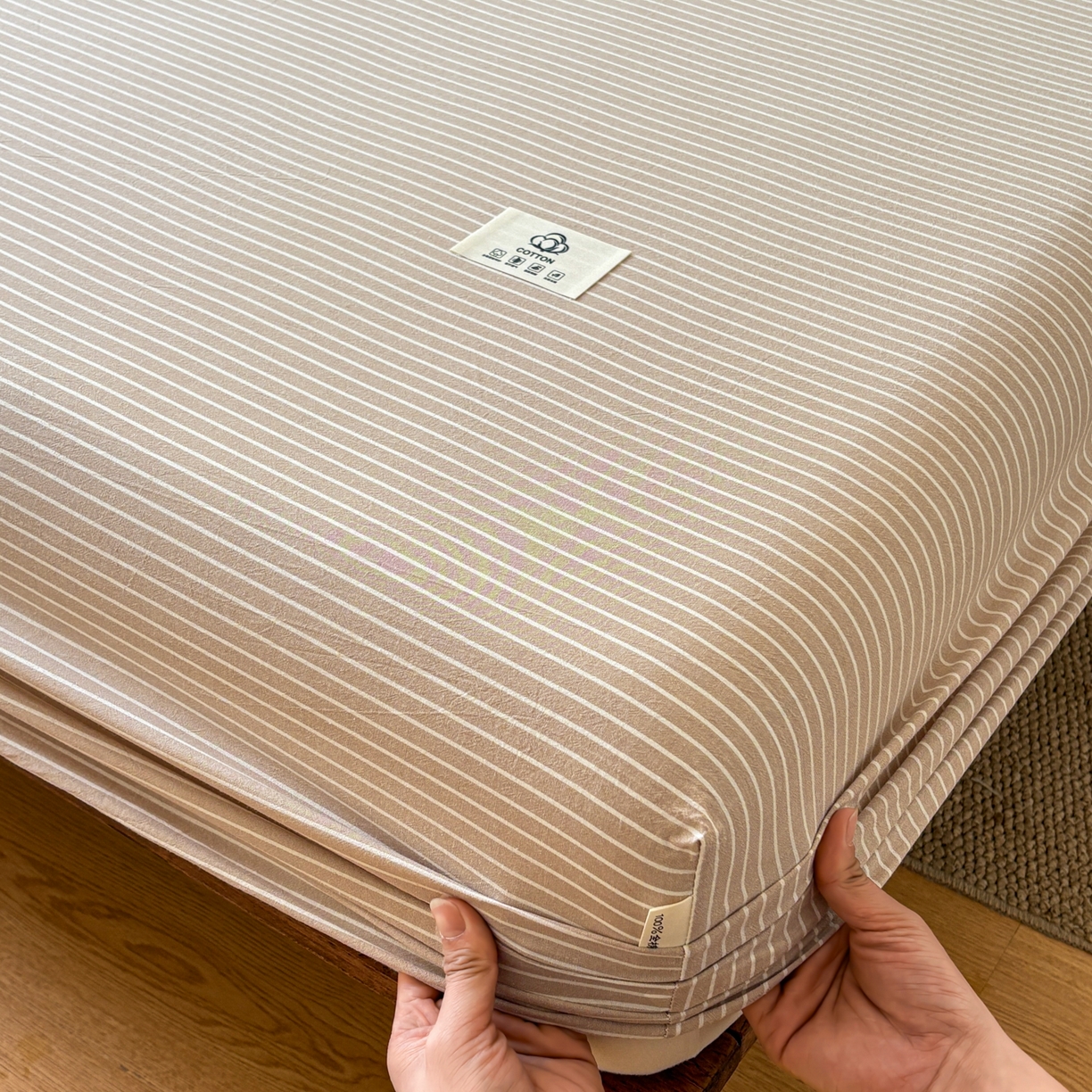 91家纺网 家纺一手货源 找家纺 居眠 2026新款单层色织水洗格子全棉床笠 单层款-米细条