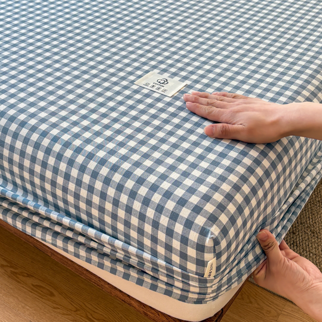 91家纺网 家纺一手货源 找家纺 居眠 2026新款单层色织水洗格子全棉床笠 单层款-水兰小格