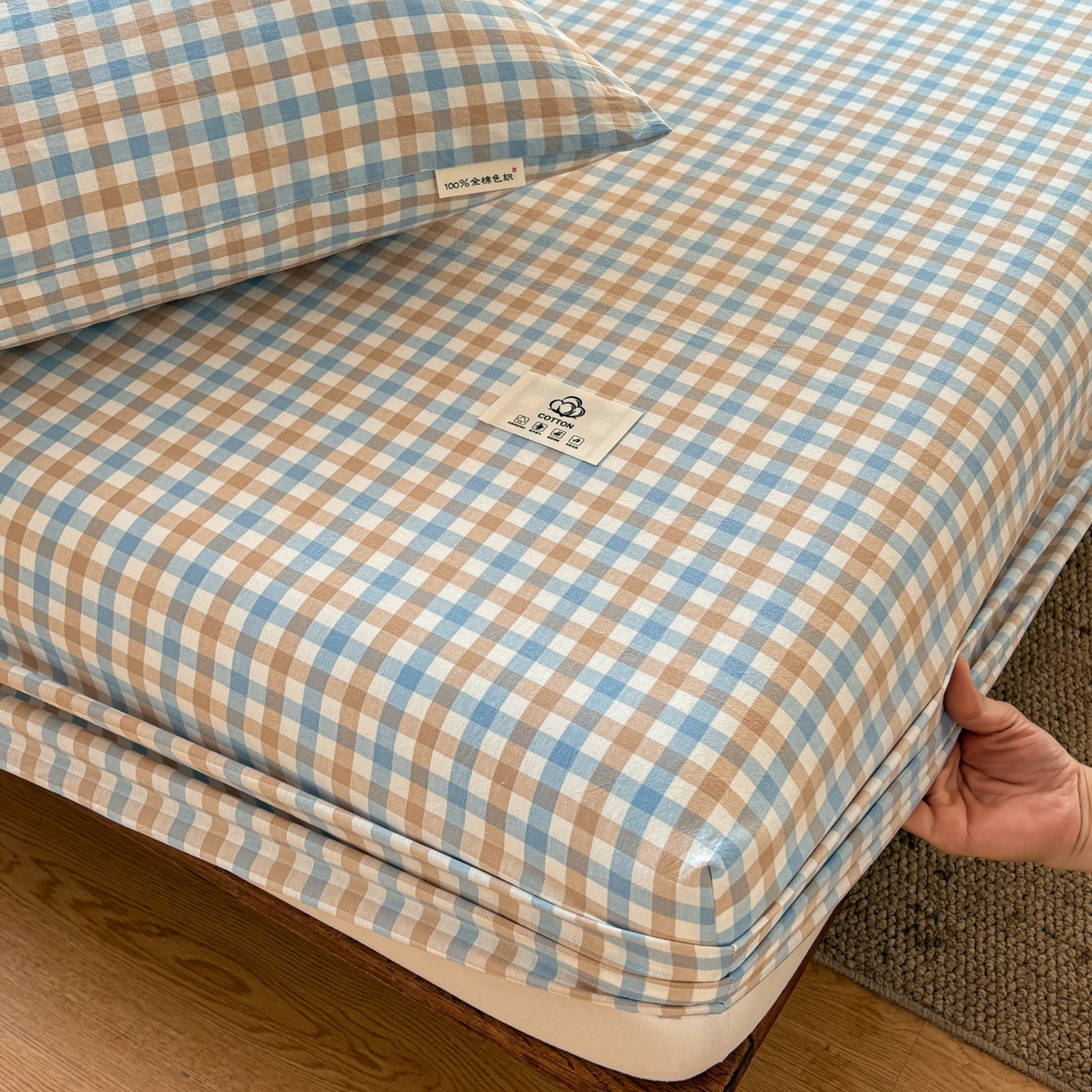 91家纺网 家纺一手货源 找家纺 居眠 2026新款单层色织水洗格子全棉床笠 单层款-印月兰