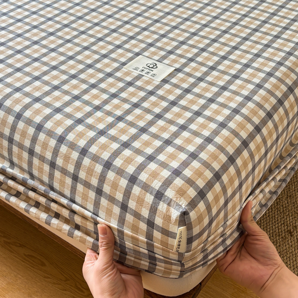 91家纺网 家纺一手货源 找家纺 居眠 2026新款单层色织水洗格子全棉床笠 单层款-印月灰