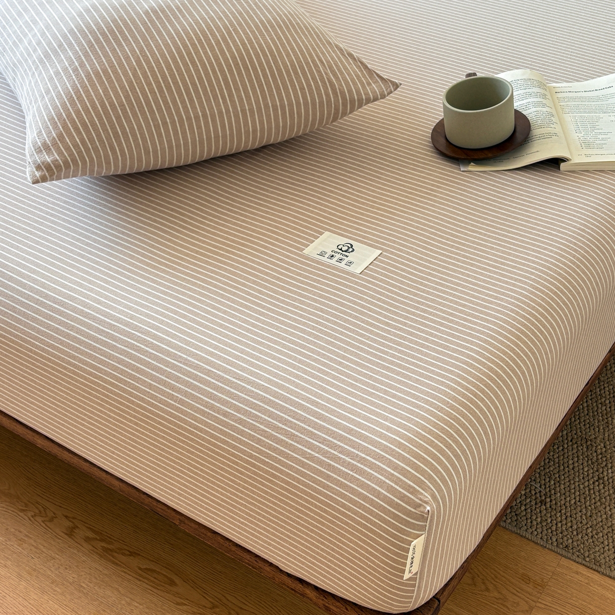 91家纺网 家纺一手货源 找家纺 居眠 2026新款单层色织水洗格子全棉床笠 单层款-米细条