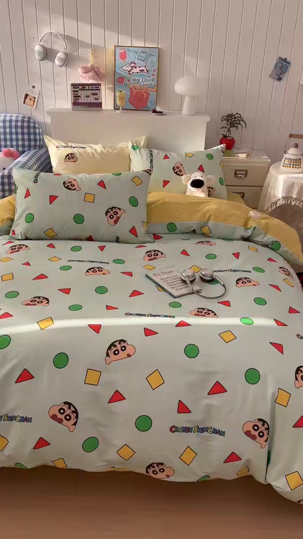 91家纺网 家纺一手货源 找家纺 桃子家居 2026新款A类蜡笔小新正版授权刺绣混搭枕套卡通印花系列四件套 棉蜡笔小新-快乐小新
