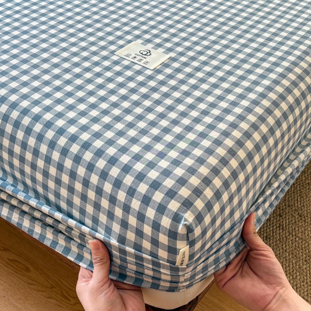 91家纺网 家纺一手货源 找家纺 居眠 2026新款单层色织水洗格子全棉床笠 单层款-水兰小格