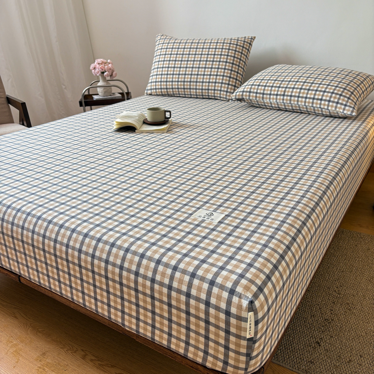 91家纺网 家纺一手货源 找家纺 居眠 2026新款单层色织水洗格子全棉床笠 单层款-印月灰