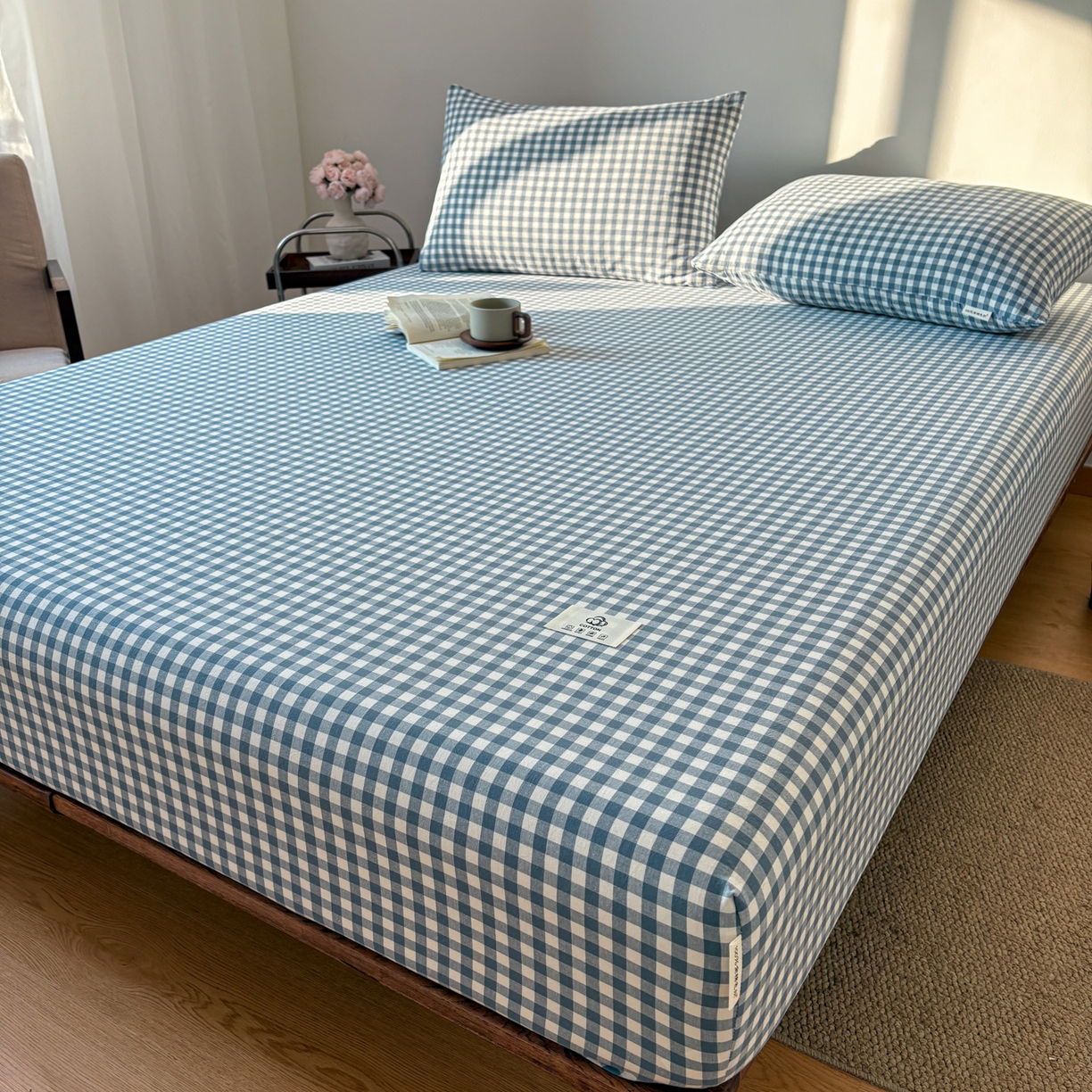 91家纺网 家纺一手货源 找家纺 居眠 2026新款单层色织水洗格子全棉床笠 单层款-水兰小格