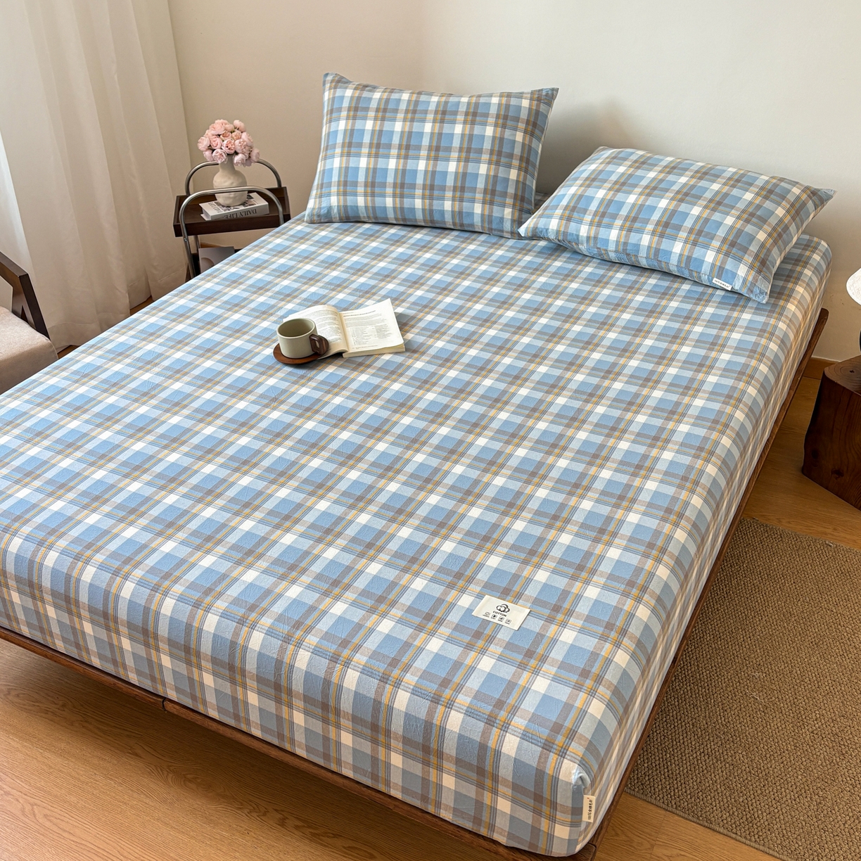 91家纺网 家纺一手货源 找家纺 居眠 2026新款单层色织水洗格子全棉床笠 单层款-简兮兰