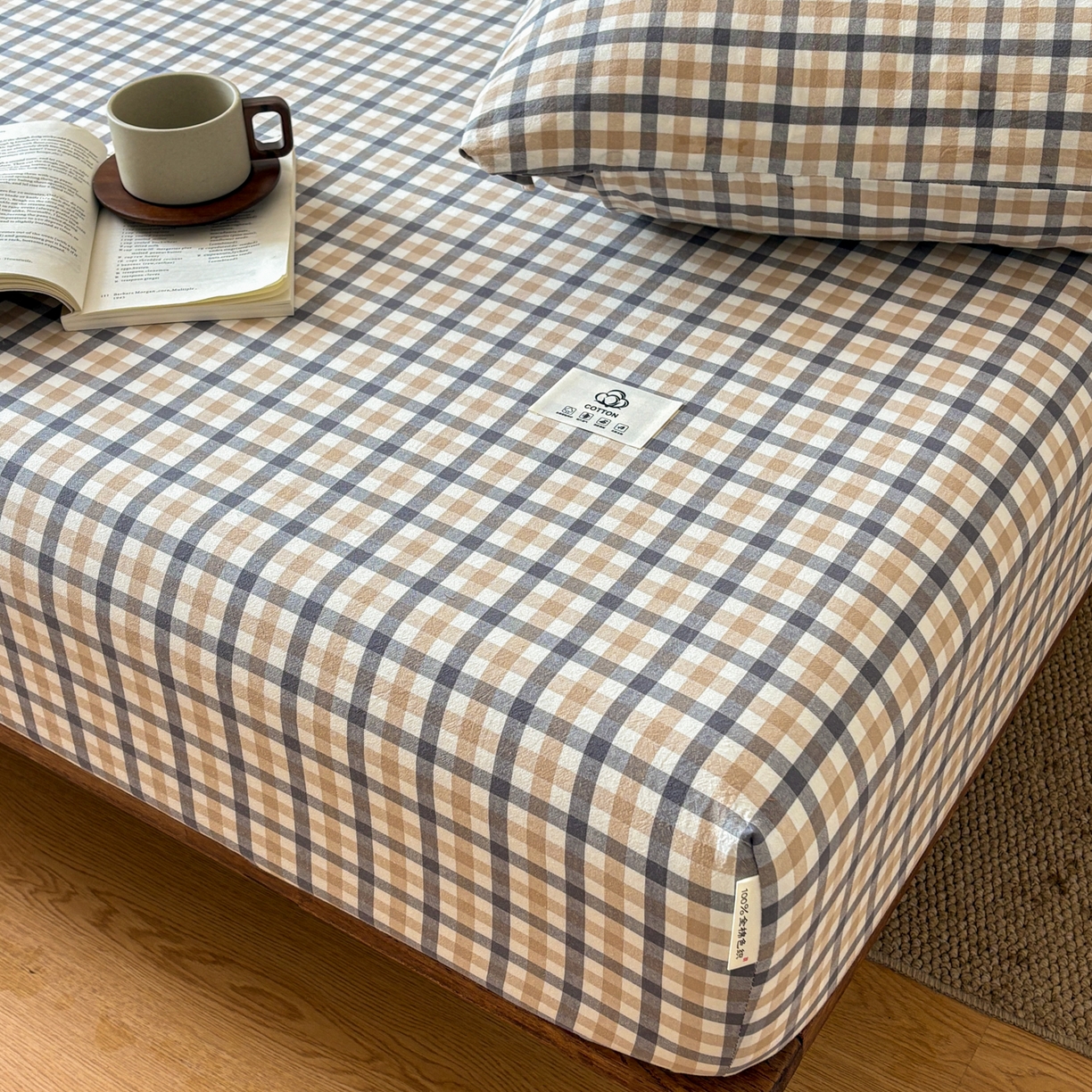 91家纺网 家纺一手货源 找家纺 居眠 2026新款单层色织水洗格子全棉床笠 单层款-印月灰