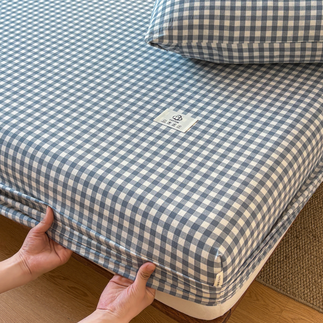 91家纺网 家纺一手货源 找家纺 居眠 2026新款单层色织水洗格子全棉床笠 单层款-水兰小格