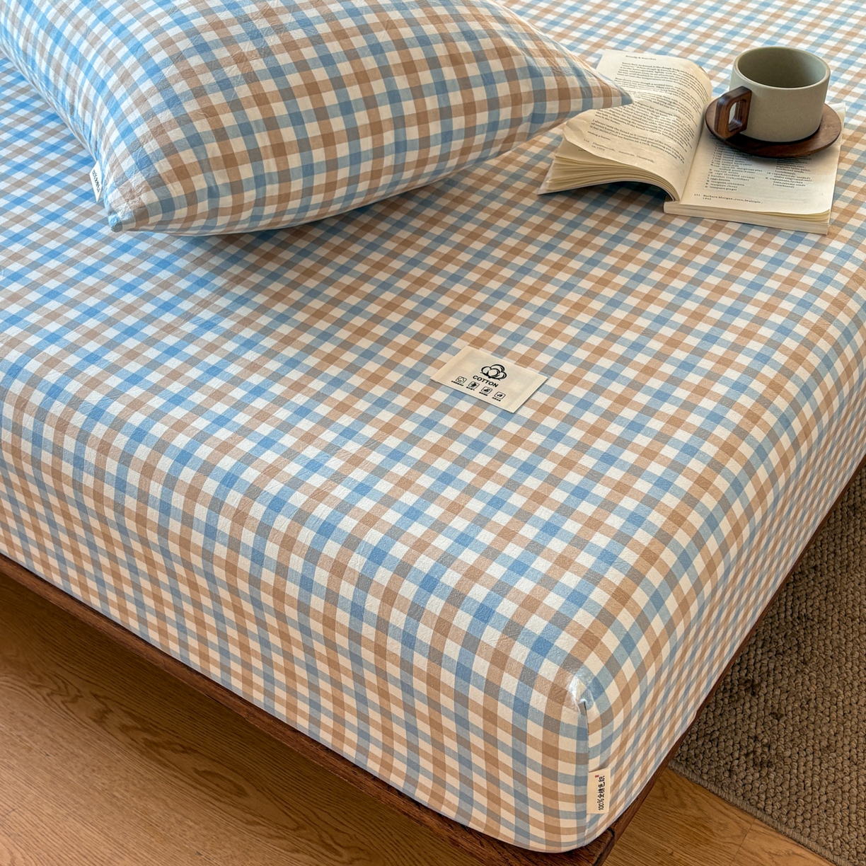 91家纺网 家纺一手货源 找家纺 居眠 2026新款单层色织水洗格子全棉床笠 单层款-印月兰