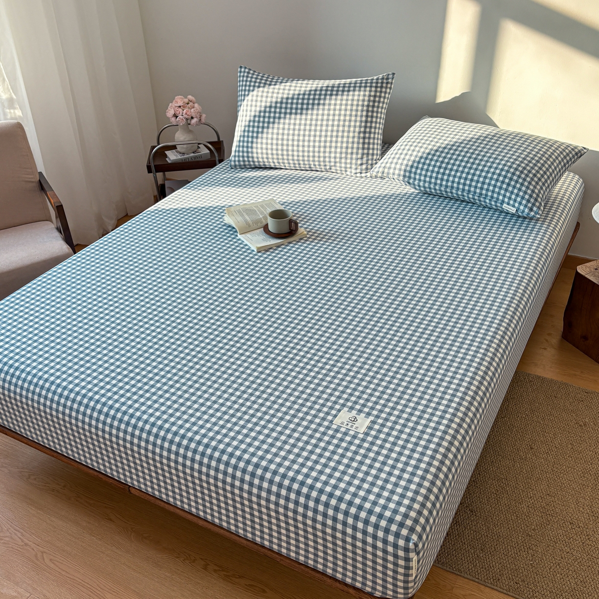 91家纺网 家纺一手货源 找家纺 居眠 2026新款单层色织水洗格子全棉床笠 单层款-水兰小格