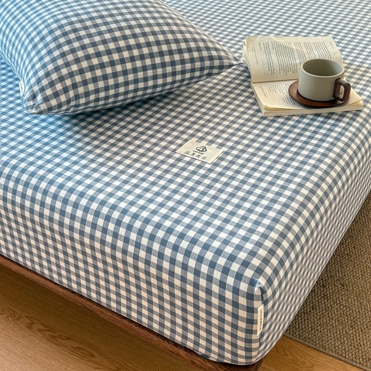 91家纺网 家纺一手货源 找家纺 居眠 2026新款单层色织水洗格子全棉床笠 单层款-水兰小格