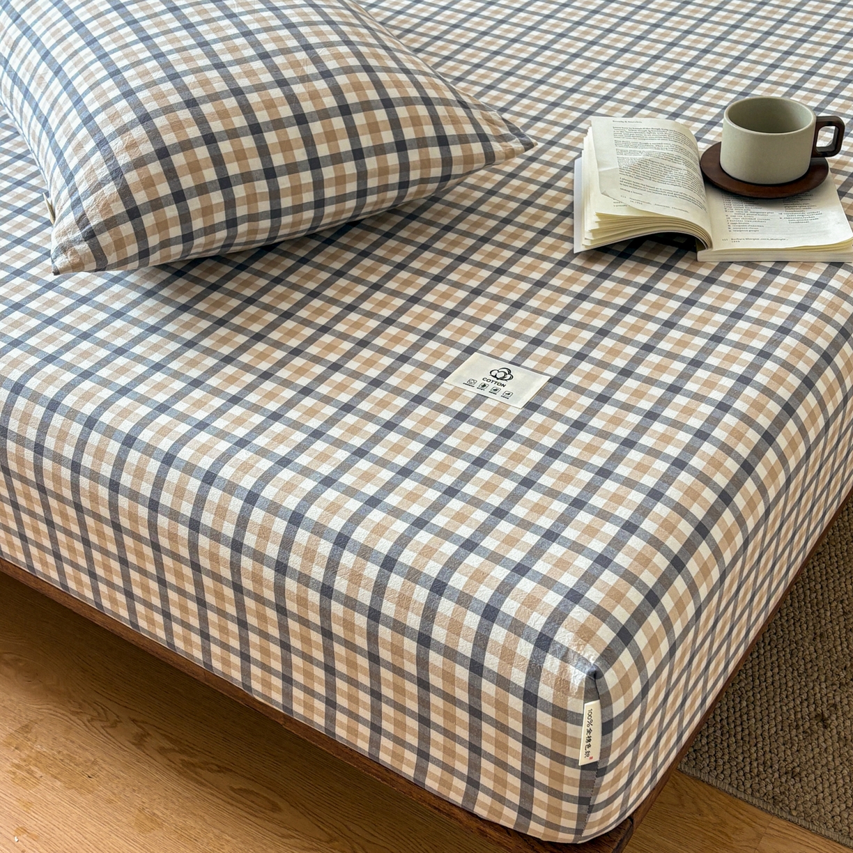 91家纺网 家纺一手货源 找家纺 居眠 2026新款单层色织水洗格子全棉床笠 单层款-印月灰