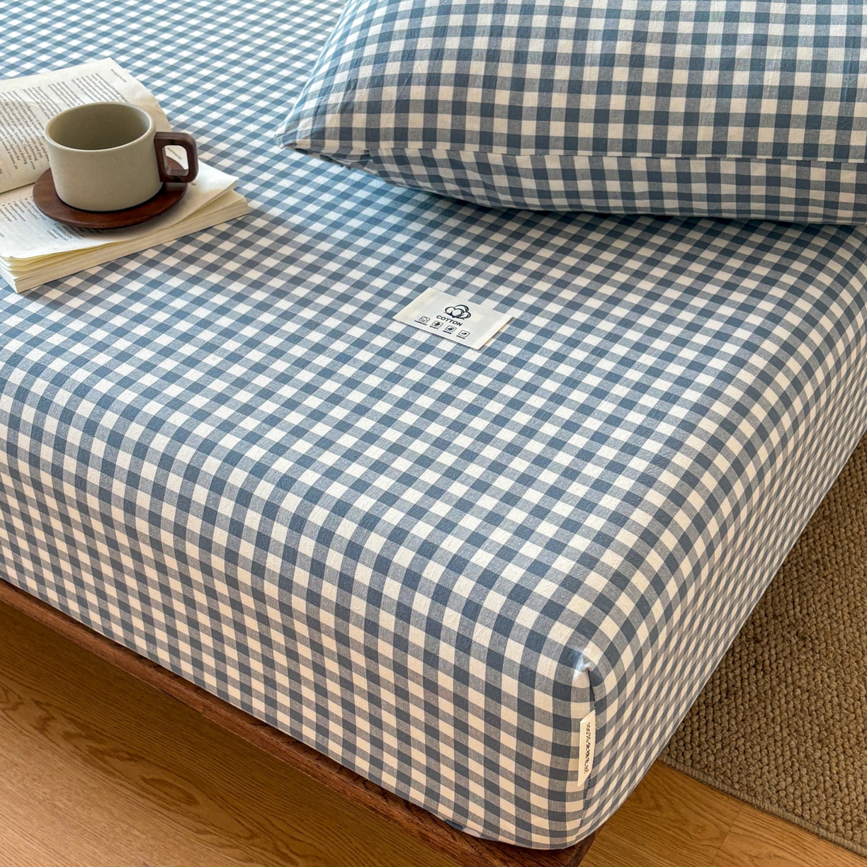 91家纺网 家纺一手货源 找家纺 居眠 2026新款单层色织水洗格子全棉床笠 单层款-水兰小格